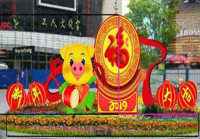 仿真绿雕立体花坛新年大吉